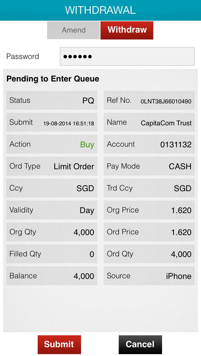 Trades: Withdraw order Upon tapping Withdraw, the Withdraw Order screen will appear.