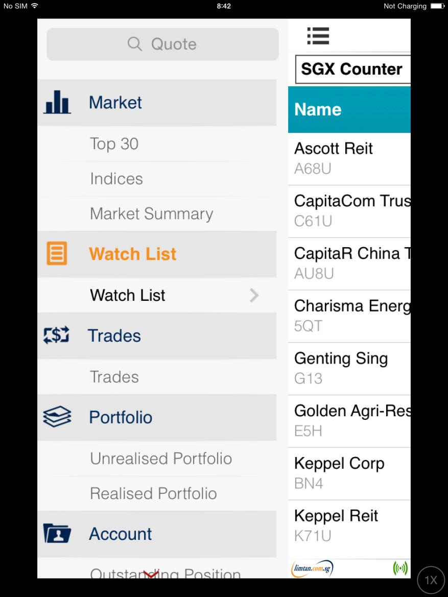 Getting started: Recognising the tabs View Top Volume Stocks, Your Watchlists, Indices and Market Summary Tap on Menu Icon to display menu. Create and view up to 5 different Watchlists.