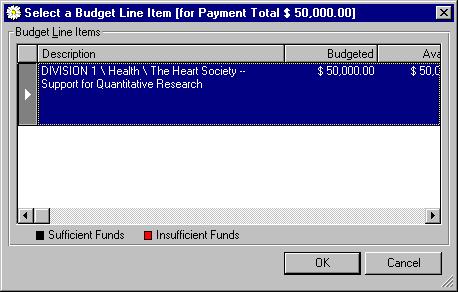 4 Resolving Payments against the Budget If you chose to resolve the batch against a Line Item, the Line Items for the grantee Organization are displayed.