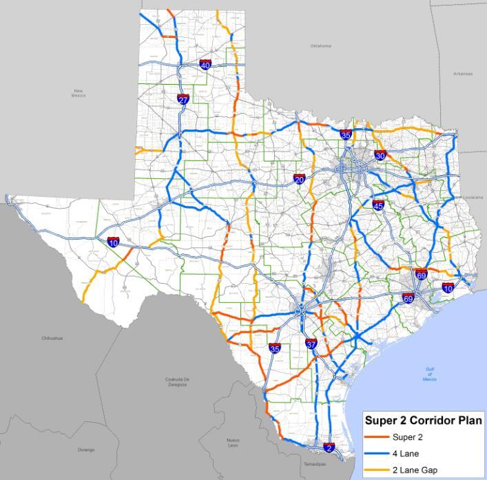 Texas Super 2 Corridors Historical limitations on funding in Category 4 Connectivity have resulted in the development of a Super 2 Corridor