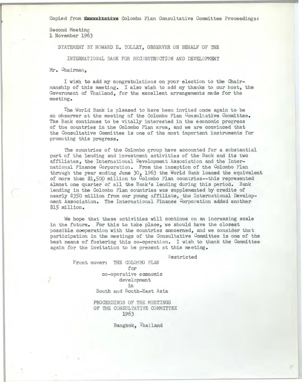 Copied from ~ltat,ive Colombo Plan Consultative Committee Proceedings: Second Meeting 1 November 1963 STATEMENT BY HOWARD E.