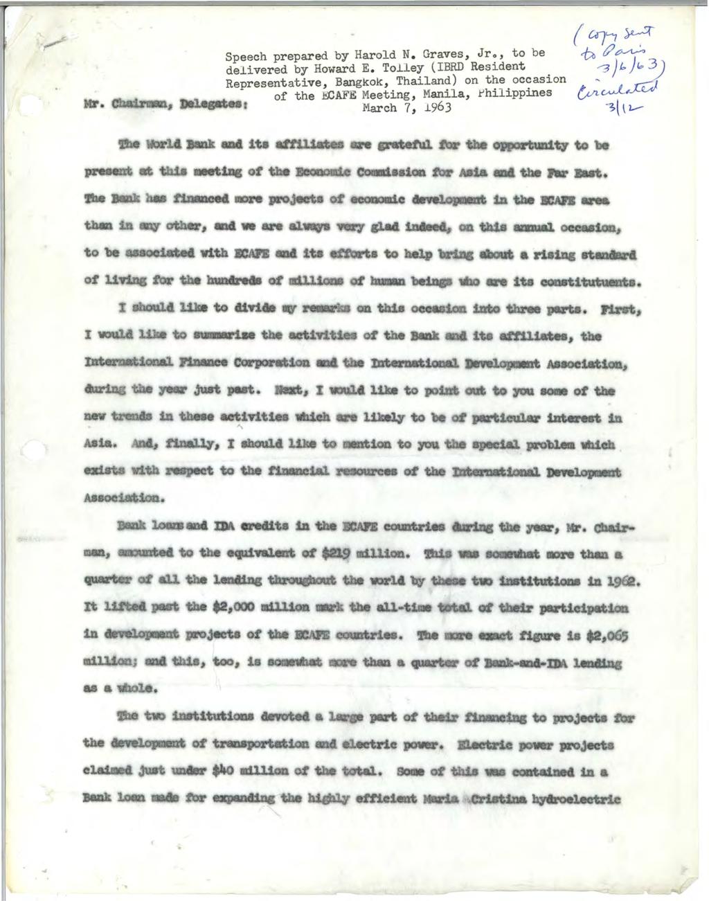 Speech prepared by Harold N. Graves, Jro, to be delivered by Howard E.