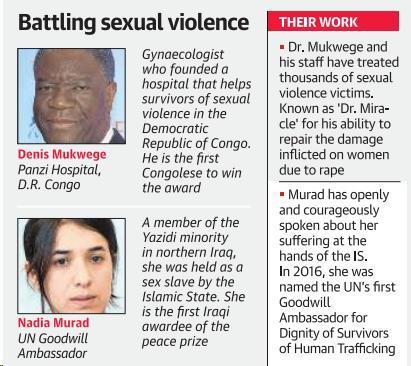 Congolese doctor, Yazidi activist get Nobel Peace Prize For efforts to end use of sexual violence as a weapon of war.