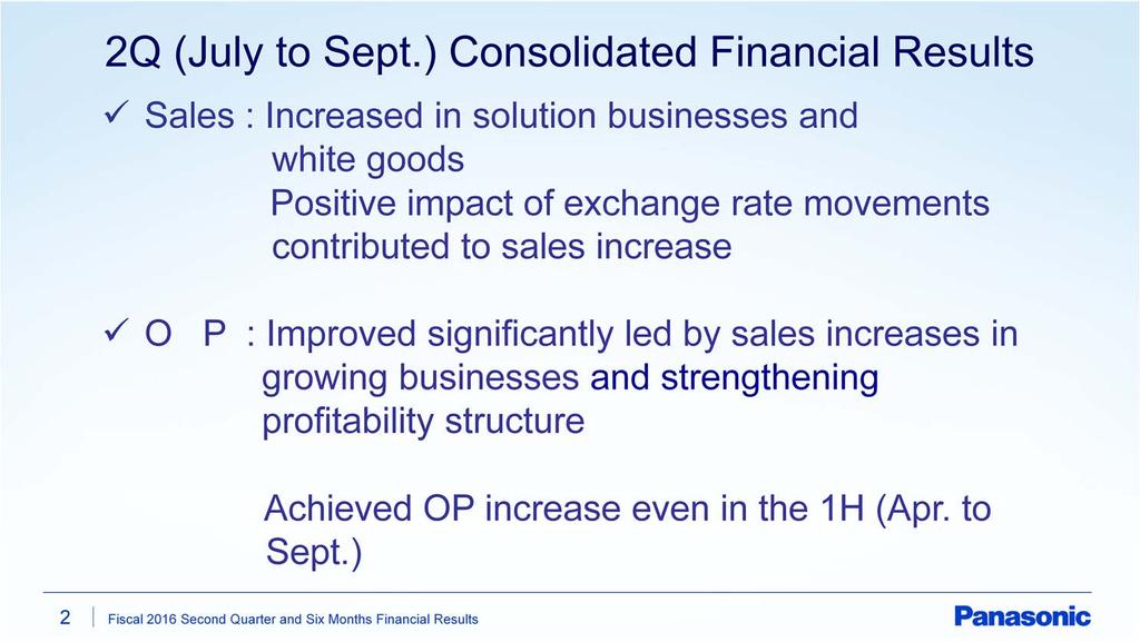 This slide shows two main points regarding the second quarter of fiscal 2016. Firstly, sales.
