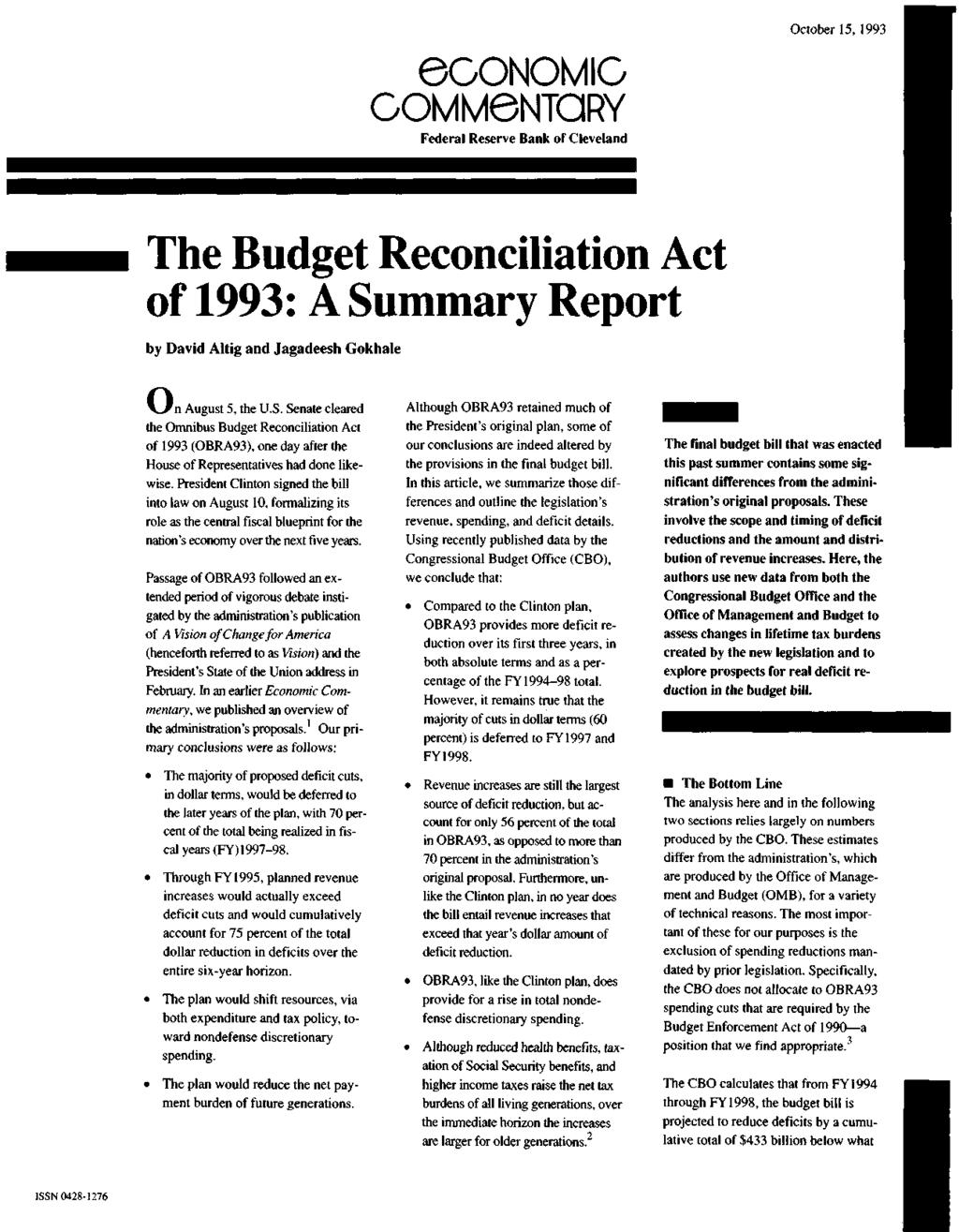 economig COMMeNTORY Federal Reserve Bank of Cleveland October 15, 1993 The Budget Reconciliation Act of 1993: A Su