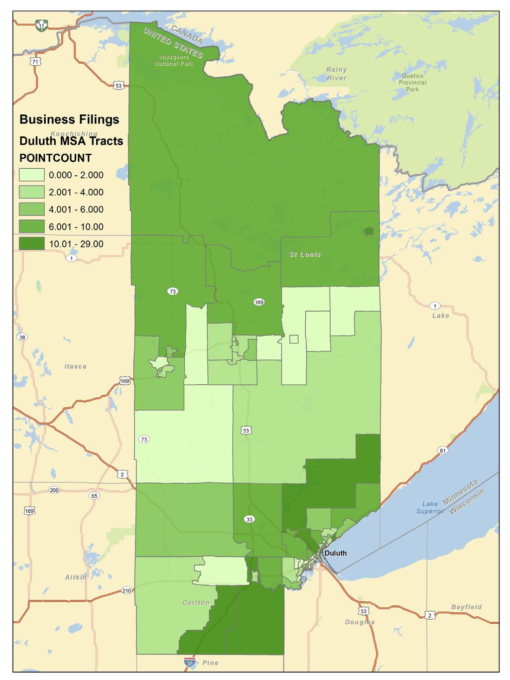 Business Filings The map below highlights new business formation by census tract in this year s first quarter in the two Minnesota counties that are part of the Duluth/Superior Metropolitan