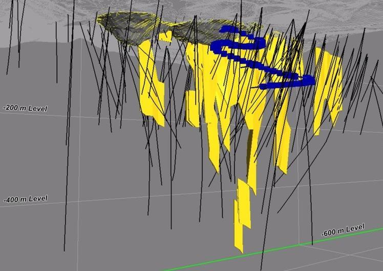 Kubi Highlights 3D Isometric view looking up and to north west from Underground Kubi Proposed Ramp on Resource Wireframe; Drillholes; backfilled pits NI 43-101 Mineral Resource: Measured 0.66 Mt @ 5.
