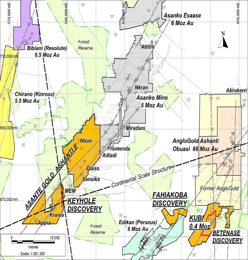 Exploration & Development Portfolio Strategic land position surrounded by +5 Moz gold producers Interests in 93 sq km along strike of AngloGold Obuasi Mine & Perseus Edikan Mine Interests in 235 sq