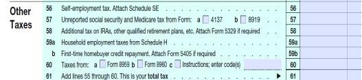 Other Taxes Other Taxes Lines 56-61 Line 56-Self-Employment Tax. Schedule SE Line 58-Tax on IRA-10% penalty for early withdrawal. Lines 57, 59, 60 usually not applicable at our site.