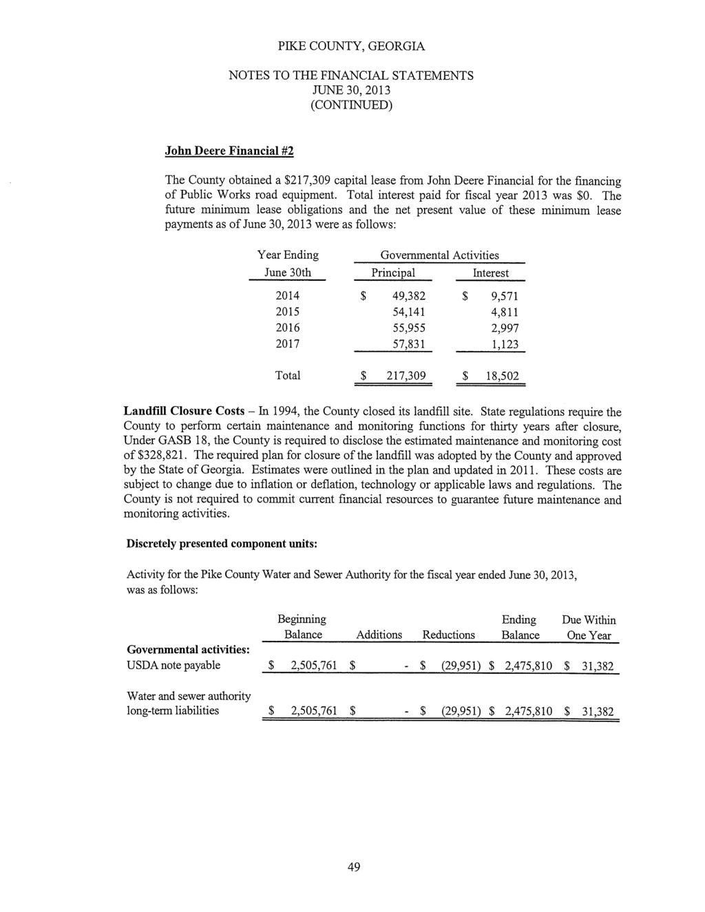 NOTES TO THE FINANCIAL STATEMENTS JUNE 30, 2013 (CONTINUED) John Deere Financial #2 The County obtained a $217,309 capital lease from John Deere Financial for the fmancing of Public Works road