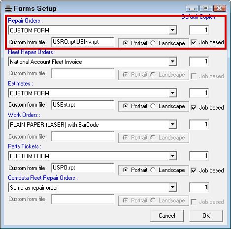2. In the Repair Orders dropdown list, Select CUSTOM FORM at the bottom of the list. In the Custom Form File field, type in the name of the form you want to use.