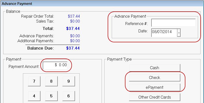 Processing Advanced Payments Advanced payments begin on the Calculations tab of a repair order. Complete these steps: 1. On the Calculations, click the Advance Payment button.