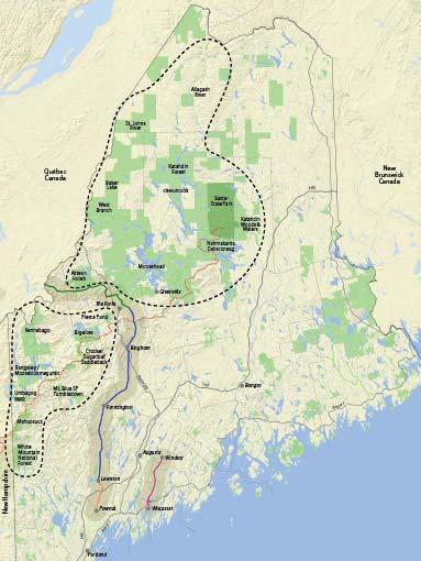 Dashed lines outline environmentally-sensitive areas Map B: All of the towns but New Sharon are shaded, indicating that CMP