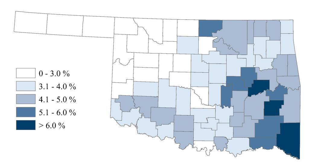 Unemployment is low across most of the state but remains somewhat higher in