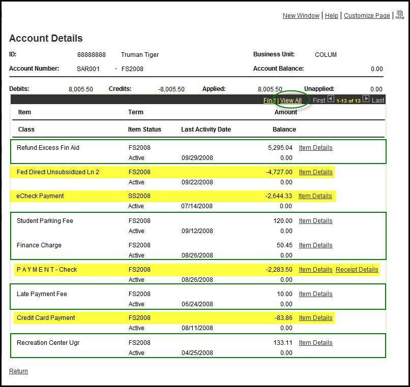 Going back to the Customer Accounts screen, click Account Details to view charges and credits. 1 View Customer Accounts Click View All.