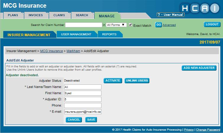 Click on the name of the Adjuster in the Adjuster Name column (which is a link) to proceed to the Add/Edit Adjuster screen 4.