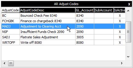 AR Adjust Code You will use an AR Adjust Code when posting credit or debit adjustments in BILLING ACCOUNT HISTORY.