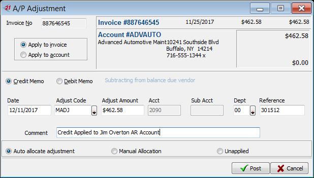 3. Highlight the open invoice and select Adjust. 4. The Adjustment form will open. a. Select Credit memo. b. The Date will default to the current date.