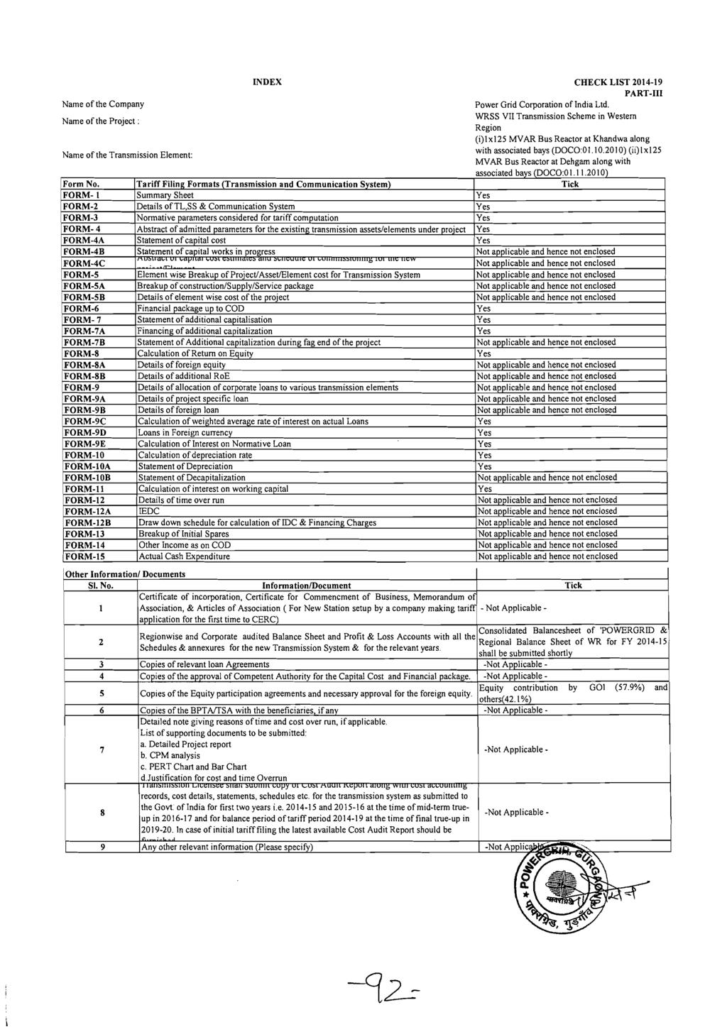 INDEX CHECK LIST 2014-19 PART-Ill Name of the Company Power Grid Corporation ofindia Ltd.