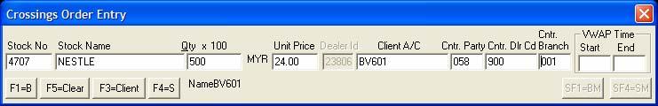 DBT ORDER ENTRY SCREEN - CROSSING A. Order entered by broker 056002 and dealer 23806 1. Cntr Party counter party broker code is 058 2. Cntr. Dlr Cd - counter party dealer code (3 chars) is 900 3.