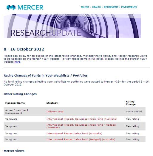 4. RATINGS AND NEWS ALERT Ratings on funds are reviewed as part of an ongoing process and Mercer leads the market in our ability to monitor managers on an ongoing basis.