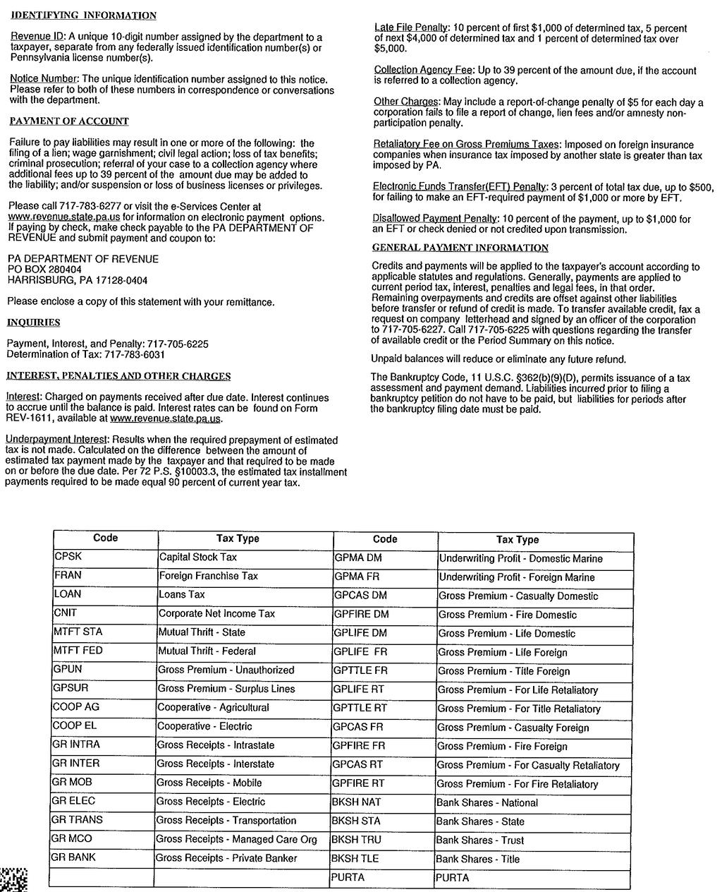 Taxpayers are encouraged to view the reverse side of ALL notices. Shown above is the reverse side of a Statement of Account.