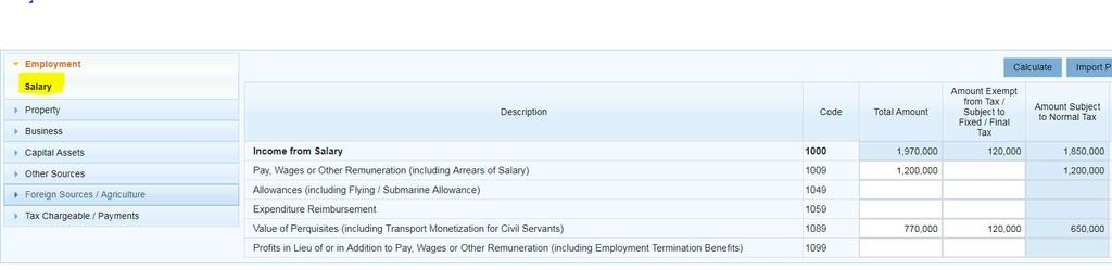 Input details relating to salary income after selecting