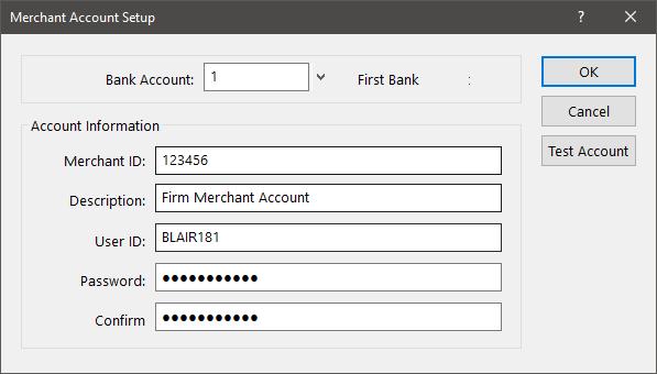Figure 5, TAS Merchant Account Setup window a. Specify the Bank Account that is associated with this merchant account. b. In the Merchant ID field, paste the Merchant ID you received from ProPay. c.