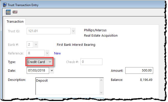 Figure 7, Tabs3 Client Funds Entry TAS Trust Deposit When credit card processing is enabled and a merchant account is configured, trust transactions entered with a Type of "Credit Card" will