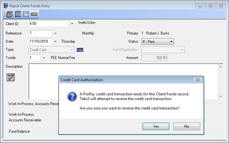 Figure 11, Deleting a Client Funds Entry Voids vs. Credits Tabs3 attempts to void a credit card transaction first. Normally, a void can only be processed the same business day.