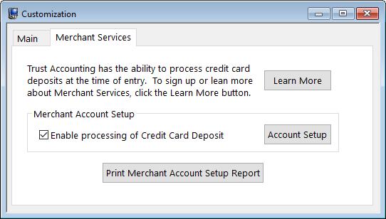 To enable credit card processing in TAS 1. Have all users exit the software. 2. From TAS, select Utilities Customization. a. Click the Merchant Services tab.
