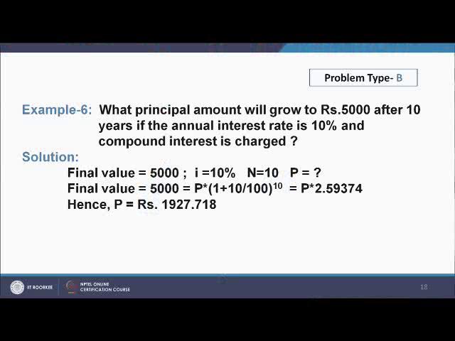 Again problem type B (Refer Slide Time: 31:33) This is also a problem where principal is amount is amount unknown, final amount is known, number of years for which the money is invested is known, and