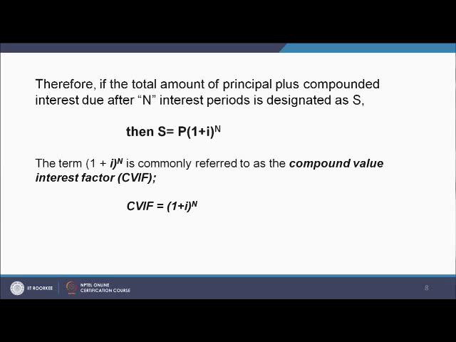 (Refer Slide Time: 11:14) Therefore, if the total amount of principal + compounded interest after N interest period is designated as S, then S = P(1 + i)n.