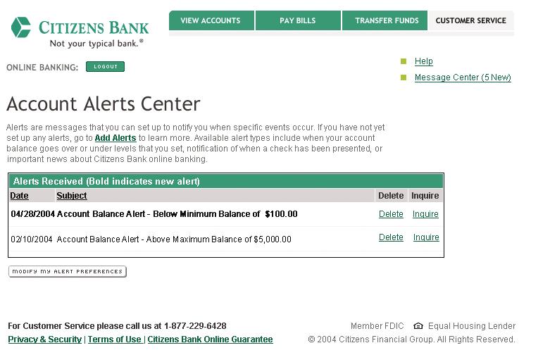 Citizens Bank Business Online Account Alerts Center By clicking Add Alerts, three different types of notification can be set up.