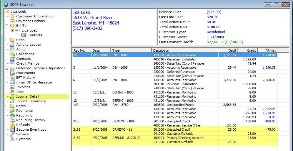 General Ledger Transactions After printing the customer refund check, you may view the general ledger transactions that occurred from this process from the customer explorer by selecting the Journal