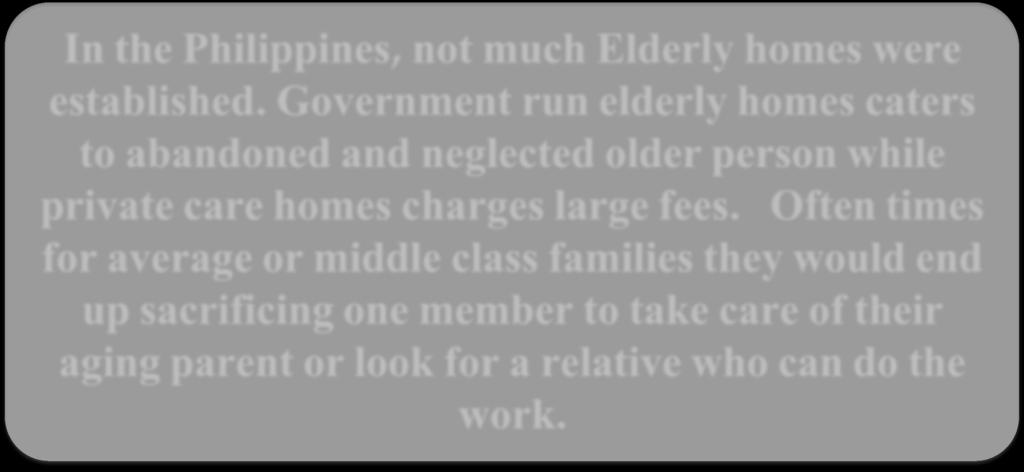 In the Philippines, not much Elderly homes were established.