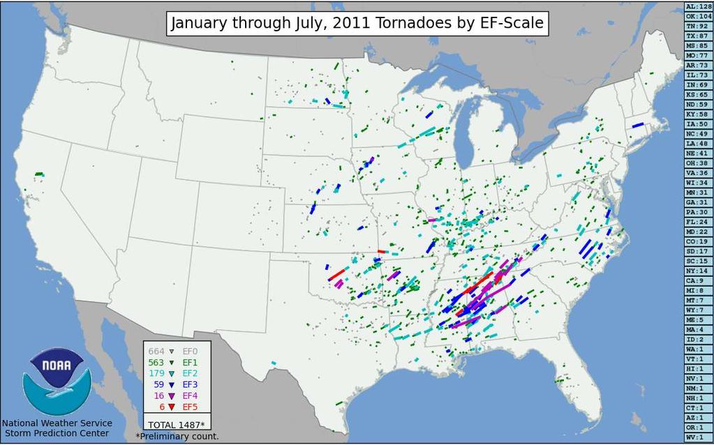 Tornado Tracks by Enhanced Fujita (EF) Scale, January July 2011 Alabama averaged 59 tornadoes per year from 2000-2010, but 128 from Jan.