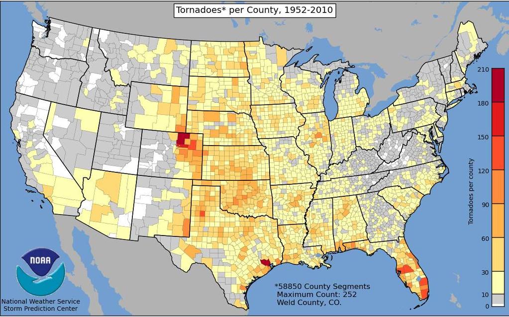 Tornado by County, 1952-2010 AL is quite vulnerable to tornadoes Source: