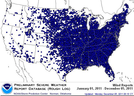 Location of Wind Damage Reports in the US, January 1 December 5, 2011 There were 18,580 Wind Damage reports through Dec.