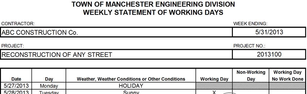 TOWN OF MANCHESTER ENGINEERING DIVISION WEEKLY STATEMENT OF WORKING DAYS CONTRACTOR: ABC CONSTRUCTION Co. PROJECT: RECONSTRUCTION OF ANY STREET WEEK ENDING: PROJECT NO.