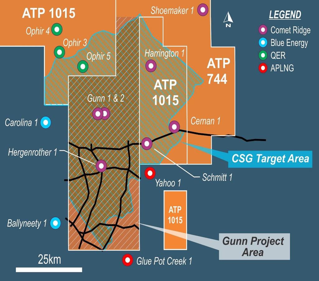 Galilee CSG recoverable gas over 1,865 km 2 Gunn Project area and ATP 1015 area (COI 100%) coals contain recoverable gas over an estimated 1,865 km 2 6 individual coal seams Depth to coal 700-1,000m