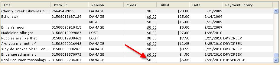 To find detailed information concerning a bill or bill payment, click the dollar amount of the bill under the Owes column.