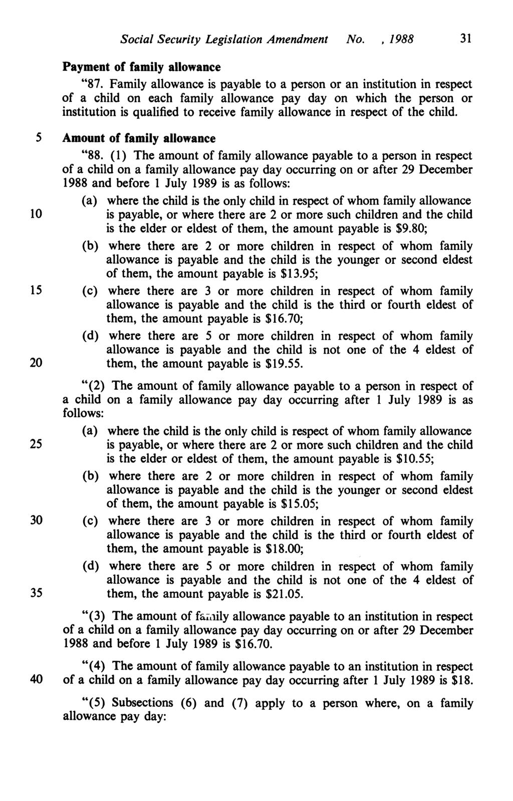 Social Security Legislation Amendment No. 1988 31 Payment of family allowance "87.