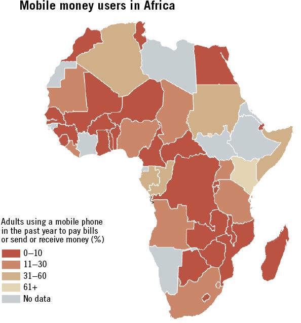 ACCOUNTS AND PAYMENTS 14% of adults in Africa use a mobile phone to pay bills, send or receive money in the past year 68% of adults in Kenya use mobile money technology, driven by the