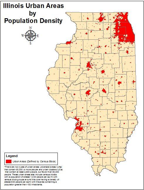 US Census Bureau = Definition: Urban >2,500 people & 1,000 people per sq. mi. Illinois = 7.1% Urban Area & 88% of pop.