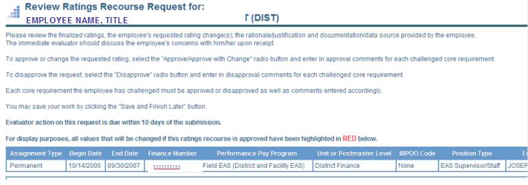 Reviewing a Ratings Recourse Request, cont d. The following screens will display each step in making a decision to approve/modify or disapprove the ratings recourse request.
