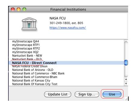 6. In the Financial Institutions screen, select NASA FCU Direct Connect