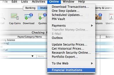 REFRESH FINANCIAL INSTITUTION LIST Before you set your accounts up for Direct Connect you will need to refresh the Financial Institution (FI) list within Quicken for Mac.