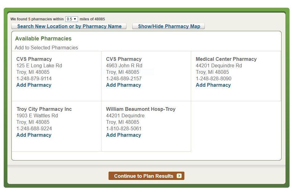 Next, you need to select a pharmacy in order to proceed. The site will show nearby pharmacies based on your zip code and distance selected. You can choose the pharmacy of your choice.