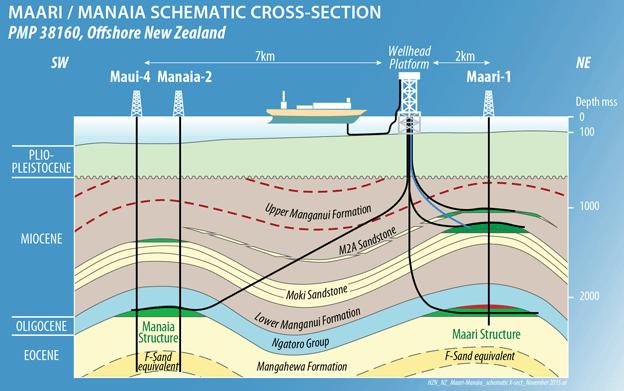 Manaia Maari schematic cross section Multiple oil accumulations on production serve to
